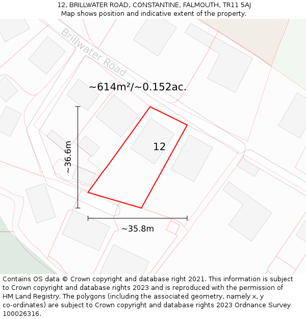 12, BRILLWATER ROAD, CONSTANTINE, FALMOUTH, TR11 5AJ: Plot and title map