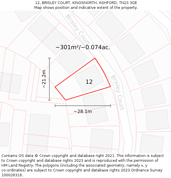 12, BRISLEY COURT, KINGSNORTH, ASHFORD, TN23 3GE: Plot and title map