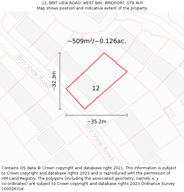 12, BRIT VIEW ROAD, WEST BAY, BRIDPORT, DT6 4HY: Plot and title map