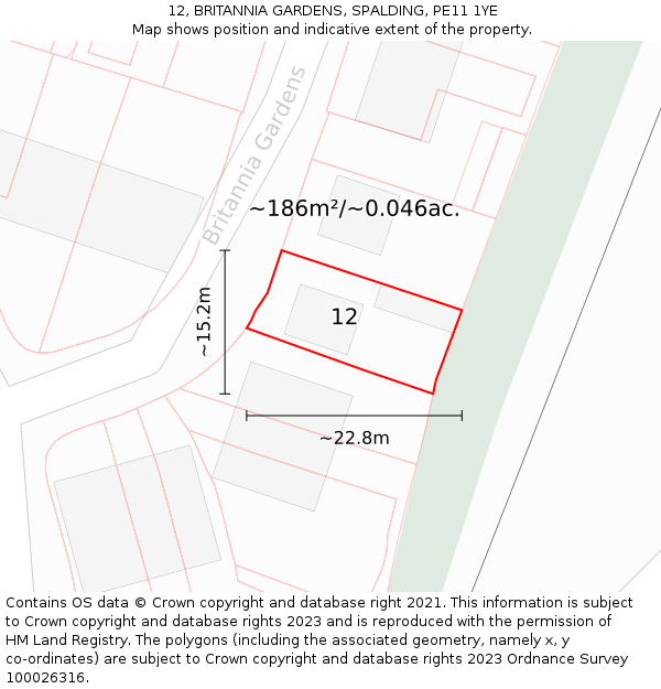 12, BRITANNIA GARDENS, SPALDING, PE11 1YE: Plot and title map