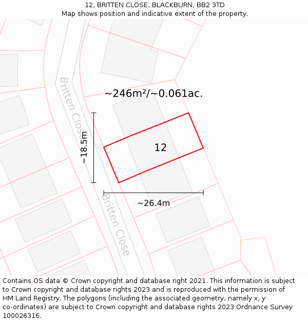 12, BRITTEN CLOSE, BLACKBURN, BB2 3TD: Plot and title map