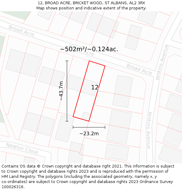 12, BROAD ACRE, BRICKET WOOD, ST ALBANS, AL2 3RX: Plot and title map