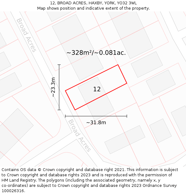 12, BROAD ACRES, HAXBY, YORK, YO32 3WL: Plot and title map