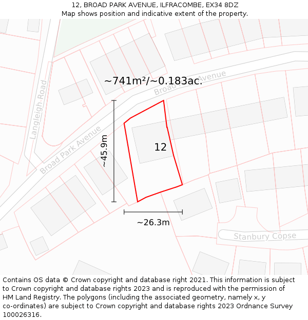 12, BROAD PARK AVENUE, ILFRACOMBE, EX34 8DZ: Plot and title map