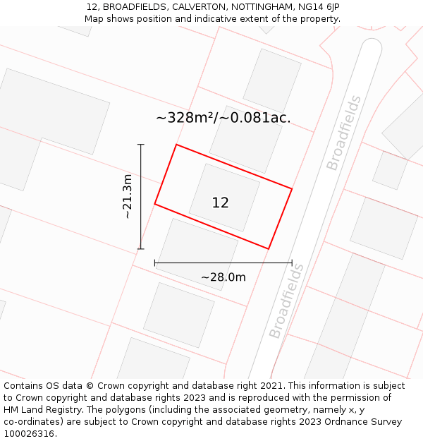 12, BROADFIELDS, CALVERTON, NOTTINGHAM, NG14 6JP: Plot and title map