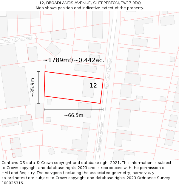 12, BROADLANDS AVENUE, SHEPPERTON, TW17 9DQ: Plot and title map