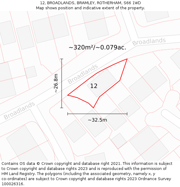 12, BROADLANDS, BRAMLEY, ROTHERHAM, S66 1WD: Plot and title map