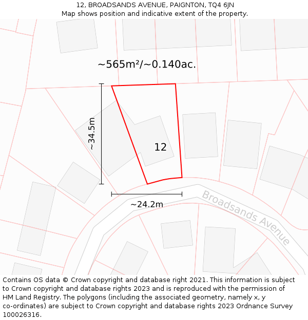 12, BROADSANDS AVENUE, PAIGNTON, TQ4 6JN: Plot and title map