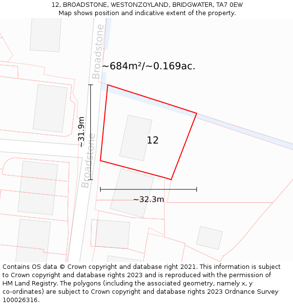 12, BROADSTONE, WESTONZOYLAND, BRIDGWATER, TA7 0EW: Plot and title map