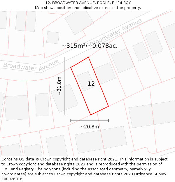 12, BROADWATER AVENUE, POOLE, BH14 8QY: Plot and title map