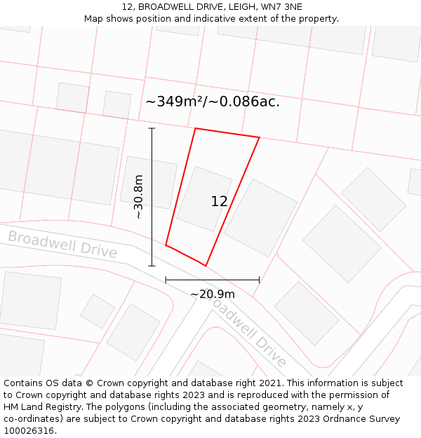 12, BROADWELL DRIVE, LEIGH, WN7 3NE: Plot and title map