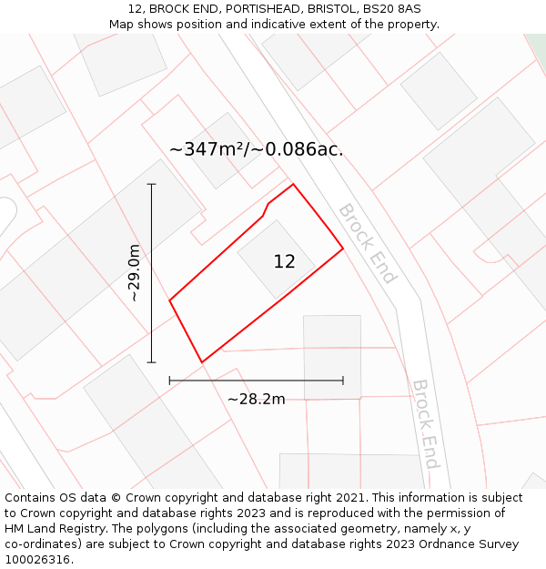 12, BROCK END, PORTISHEAD, BRISTOL, BS20 8AS: Plot and title map