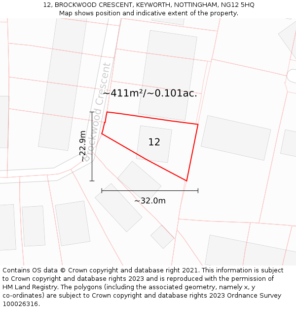 12, BROCKWOOD CRESCENT, KEYWORTH, NOTTINGHAM, NG12 5HQ: Plot and title map