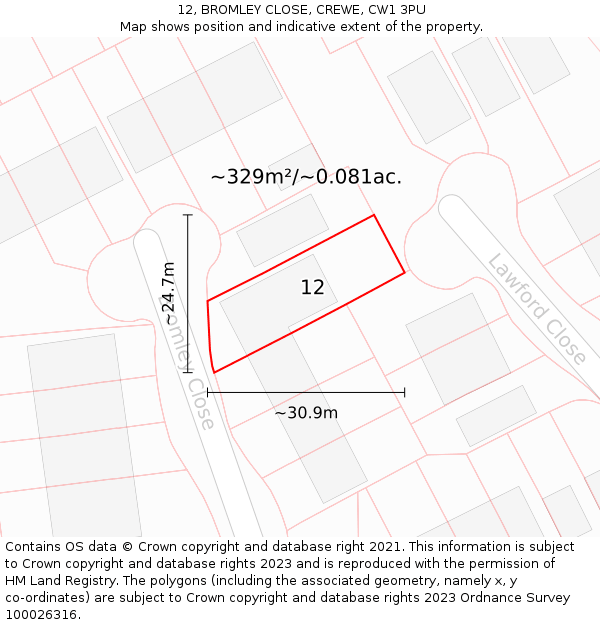12, BROMLEY CLOSE, CREWE, CW1 3PU: Plot and title map