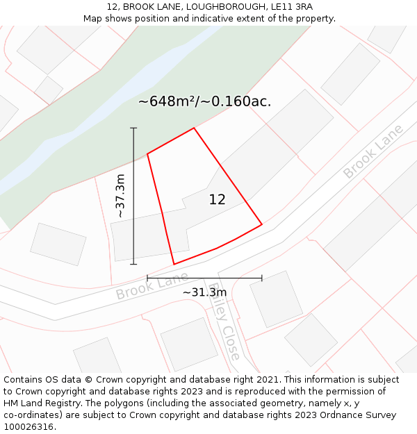 12, BROOK LANE, LOUGHBOROUGH, LE11 3RA: Plot and title map