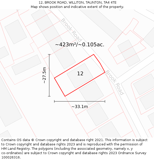 12, BROOK ROAD, WILLITON, TAUNTON, TA4 4TE: Plot and title map