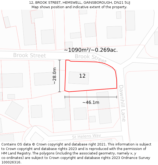 12, BROOK STREET, HEMSWELL, GAINSBOROUGH, DN21 5UJ: Plot and title map