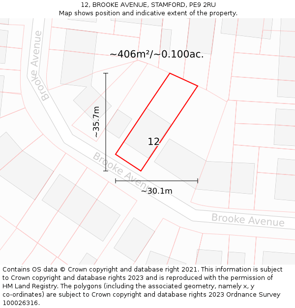 12, BROOKE AVENUE, STAMFORD, PE9 2RU: Plot and title map