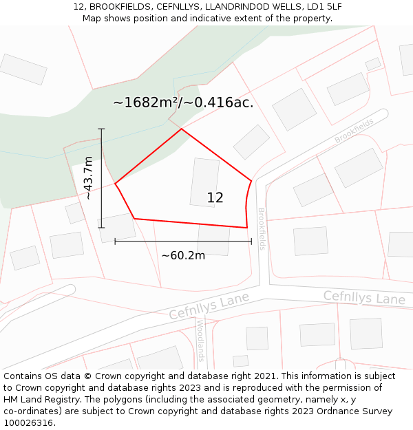 12, BROOKFIELDS, CEFNLLYS, LLANDRINDOD WELLS, LD1 5LF: Plot and title map