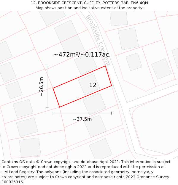 12, BROOKSIDE CRESCENT, CUFFLEY, POTTERS BAR, EN6 4QN: Plot and title map