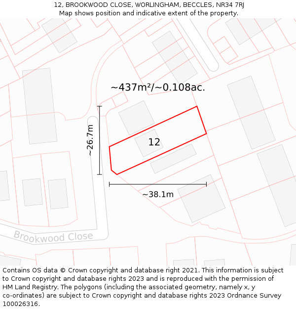 12, BROOKWOOD CLOSE, WORLINGHAM, BECCLES, NR34 7RJ: Plot and title map