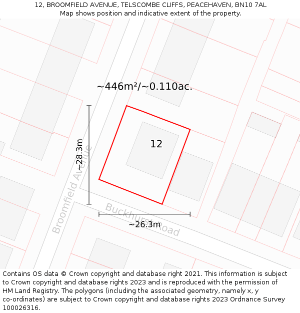 12, BROOMFIELD AVENUE, TELSCOMBE CLIFFS, PEACEHAVEN, BN10 7AL: Plot and title map