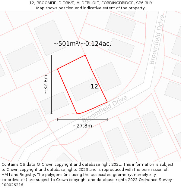 12, BROOMFIELD DRIVE, ALDERHOLT, FORDINGBRIDGE, SP6 3HY: Plot and title map