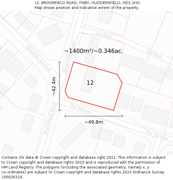 12, BROOMFIELD ROAD, FIXBY, HUDDERSFIELD, HD2 2HG: Plot and title map