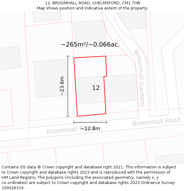 12, BROOMHALL ROAD, CHELMSFORD, CM1 7HB: Plot and title map