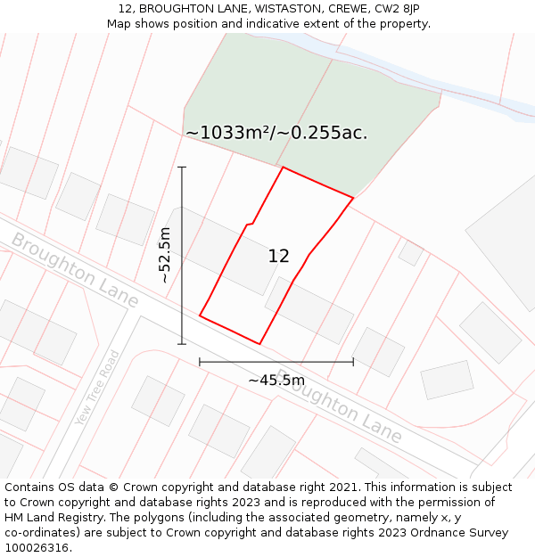 12, BROUGHTON LANE, WISTASTON, CREWE, CW2 8JP: Plot and title map