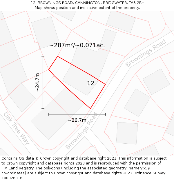 12, BROWNINGS ROAD, CANNINGTON, BRIDGWATER, TA5 2RH: Plot and title map