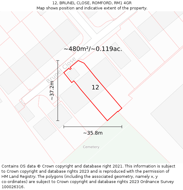 12, BRUNEL CLOSE, ROMFORD, RM1 4GR: Plot and title map