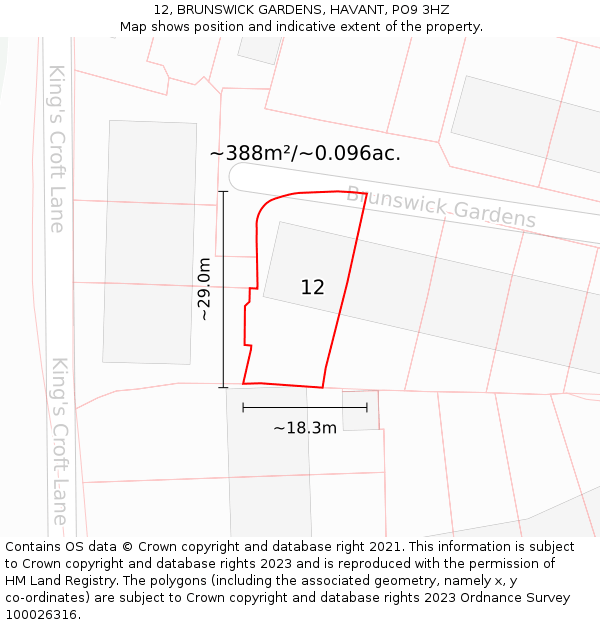 12, BRUNSWICK GARDENS, HAVANT, PO9 3HZ: Plot and title map