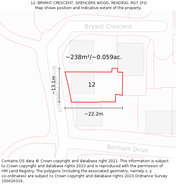 12, BRYANT CRESCENT, SPENCERS WOOD, READING, RG7 1FG: Plot and title map