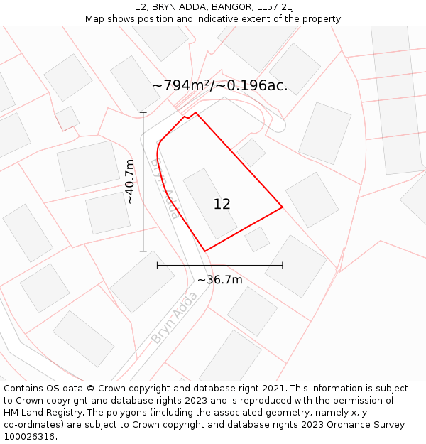 12, BRYN ADDA, BANGOR, LL57 2LJ: Plot and title map