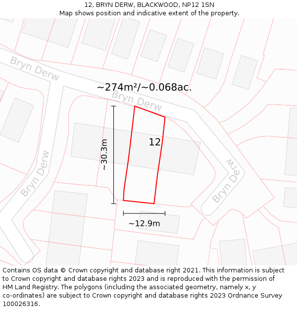 12, BRYN DERW, BLACKWOOD, NP12 1SN: Plot and title map