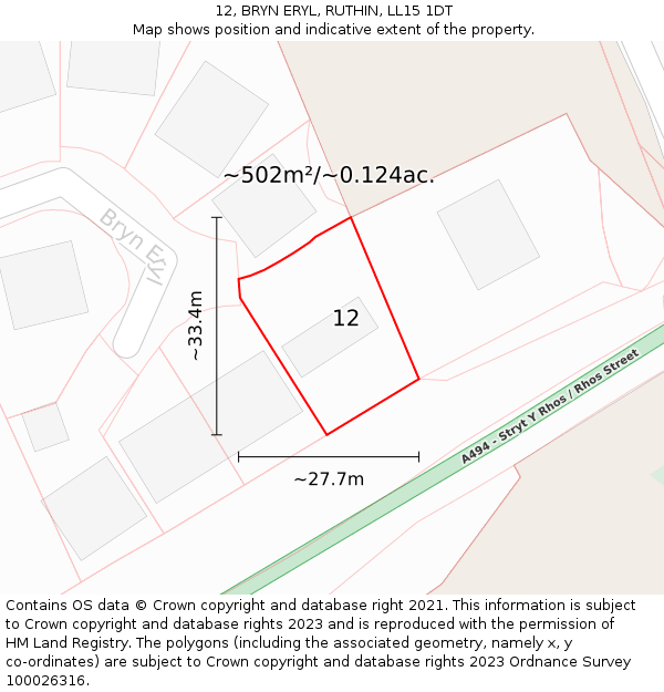 12, BRYN ERYL, RUTHIN, LL15 1DT: Plot and title map