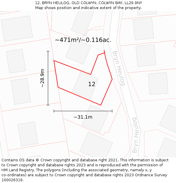 12, BRYN HEULOG, OLD COLWYN, COLWYN BAY, LL29 9NY: Plot and title map
