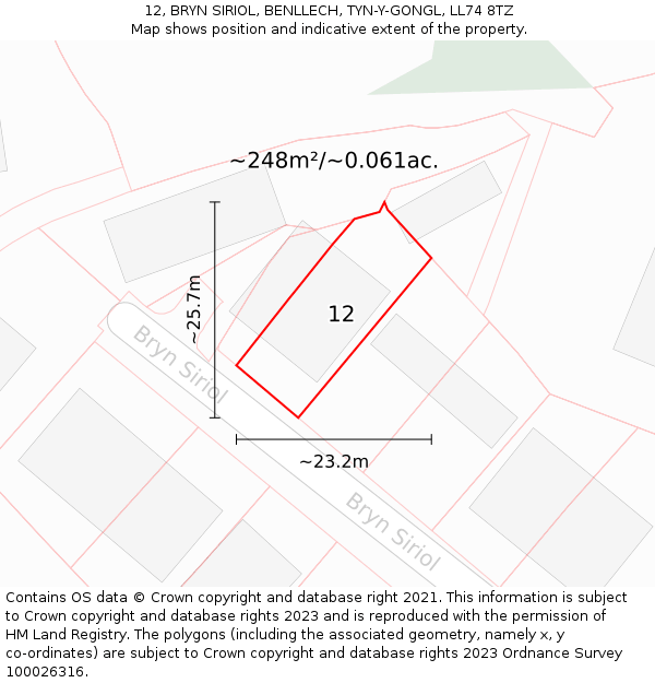 12, BRYN SIRIOL, BENLLECH, TYN-Y-GONGL, LL74 8TZ: Plot and title map