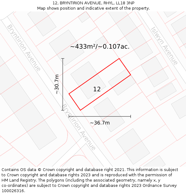 12, BRYNTIRION AVENUE, RHYL, LL18 3NP: Plot and title map