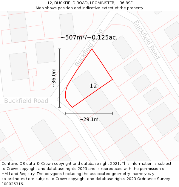 12, BUCKFIELD ROAD, LEOMINSTER, HR6 8SF: Plot and title map