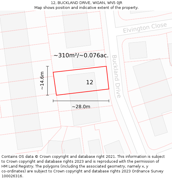 12, BUCKLAND DRIVE, WIGAN, WN5 0JR: Plot and title map