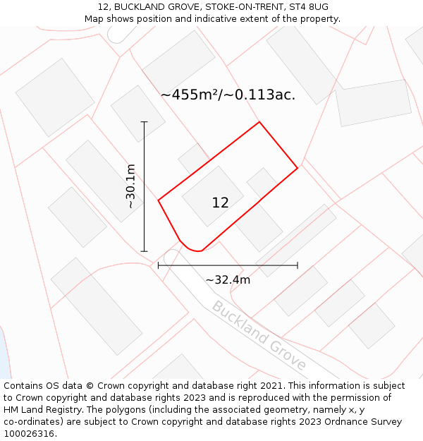 12, BUCKLAND GROVE, STOKE-ON-TRENT, ST4 8UG: Plot and title map