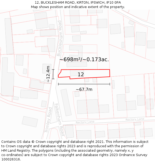 12, BUCKLESHAM ROAD, KIRTON, IPSWICH, IP10 0PA: Plot and title map