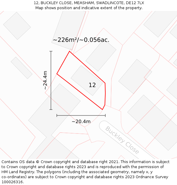 12, BUCKLEY CLOSE, MEASHAM, SWADLINCOTE, DE12 7LX: Plot and title map