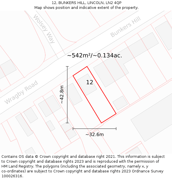 12, BUNKERS HILL, LINCOLN, LN2 4QP: Plot and title map