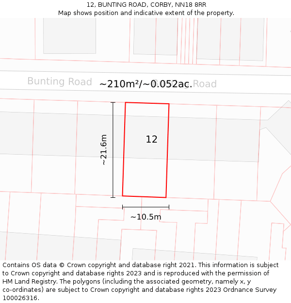 12, BUNTING ROAD, CORBY, NN18 8RR: Plot and title map