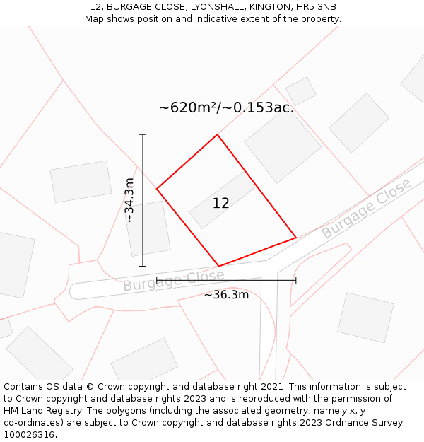 12, BURGAGE CLOSE, LYONSHALL, KINGTON, HR5 3NB: Plot and title map