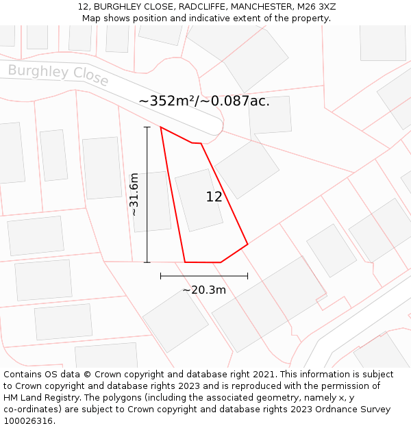 12, BURGHLEY CLOSE, RADCLIFFE, MANCHESTER, M26 3XZ: Plot and title map