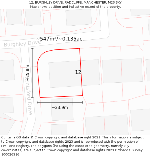 12, BURGHLEY DRIVE, RADCLIFFE, MANCHESTER, M26 3XY: Plot and title map